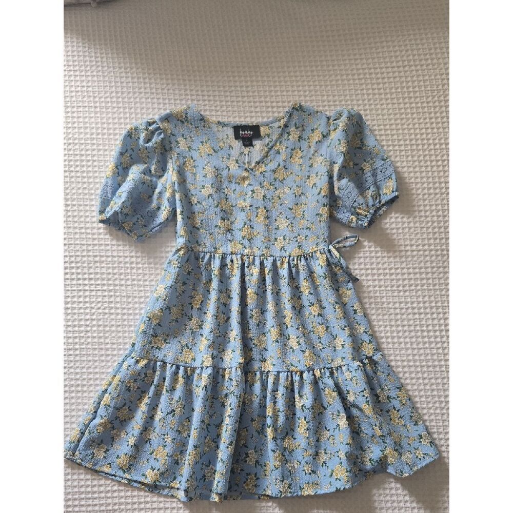 Light Blue Yellow Floral Puff-Sleeve Kids Dress